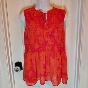 Rose & Olive - Pink & Orange- Floral Sleeveless - Smocked Blouse- Sz. M